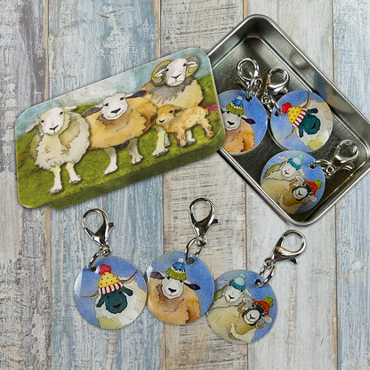 Happy Sheep Stitch Markers in a Tin